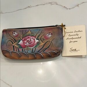 Handpainted Flowers on a Leather Clutch, Money Holder or Make-Up Bag. NWT